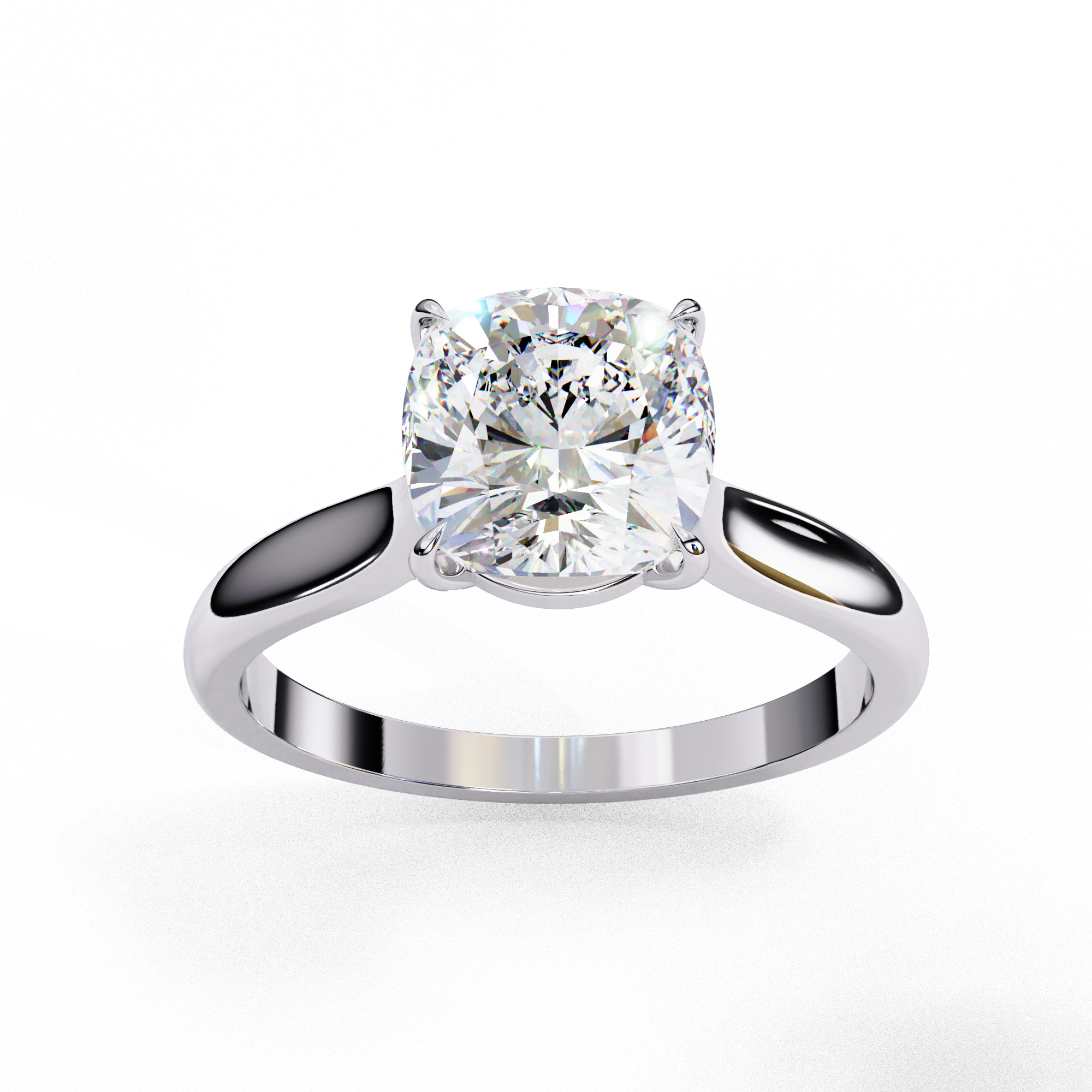 Front profile view of a white gold round brilliant cut diamond solitaire engagement ring.