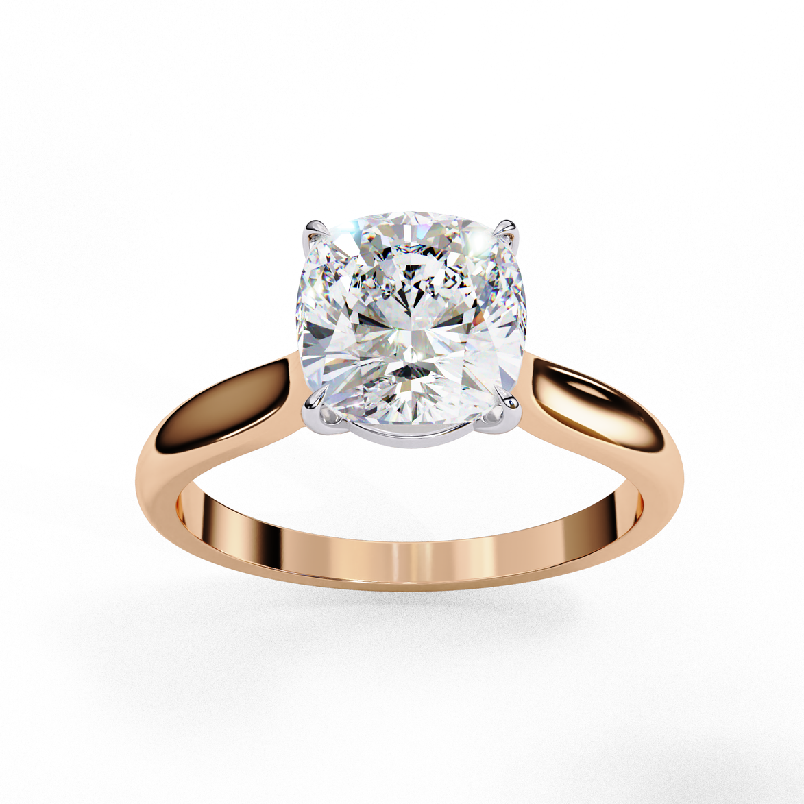 Front profile view of a rose gold round brilliant cut diamond solitaire engagement ring.