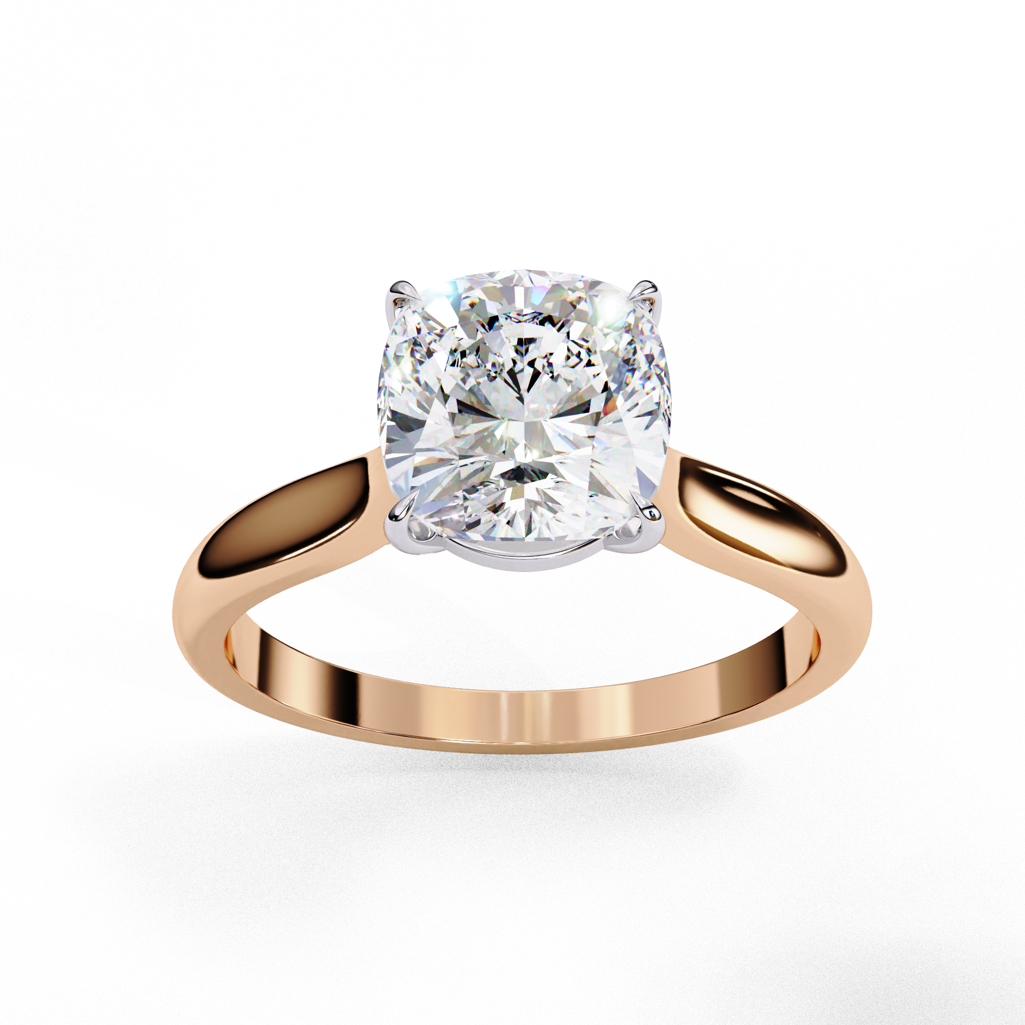 Front profile view of a rose gold round brilliant cut diamond solitaire engagement ring.