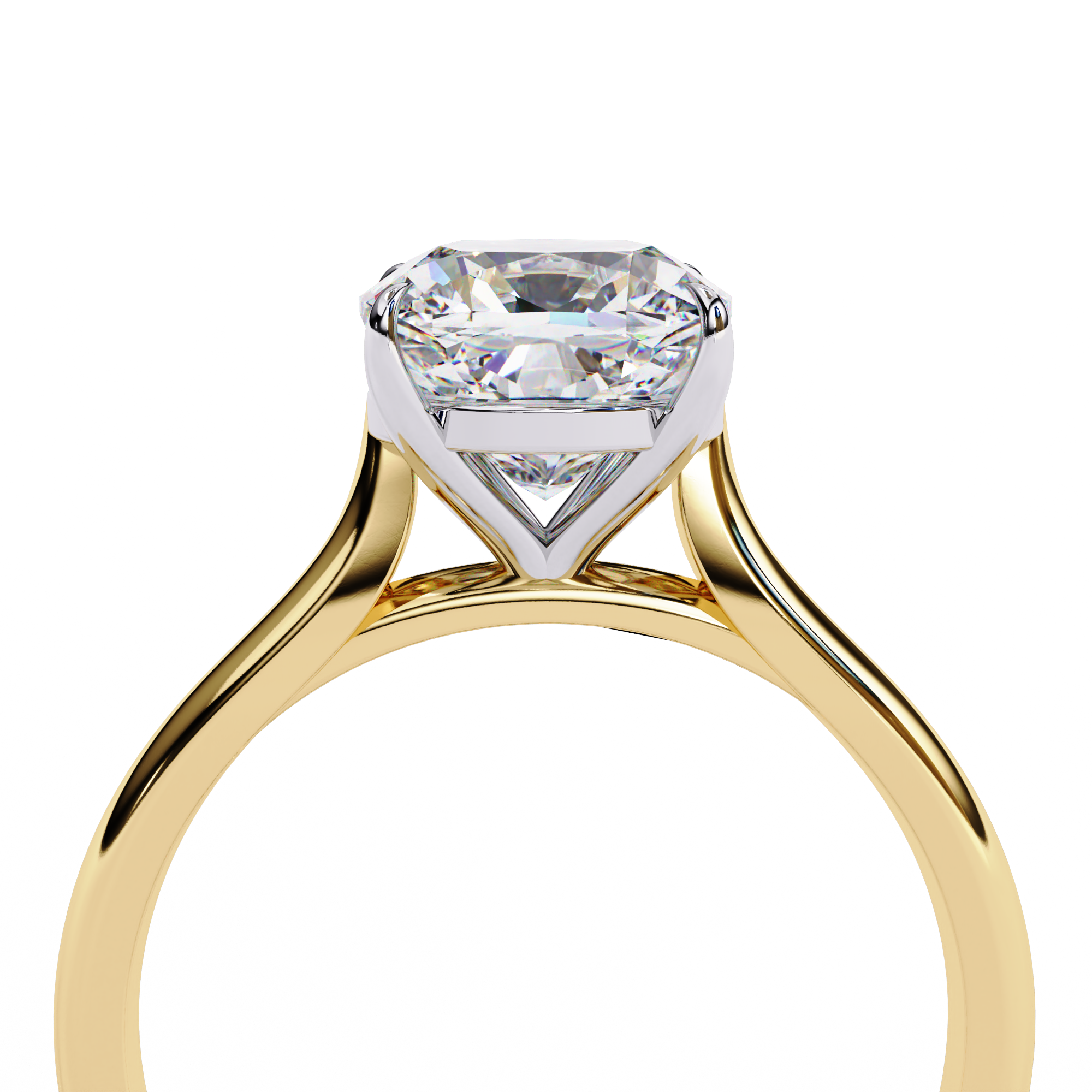 Close-up angled shot from beneath the basket of a yellow gold round brilliant cut diamond solitaire ring.