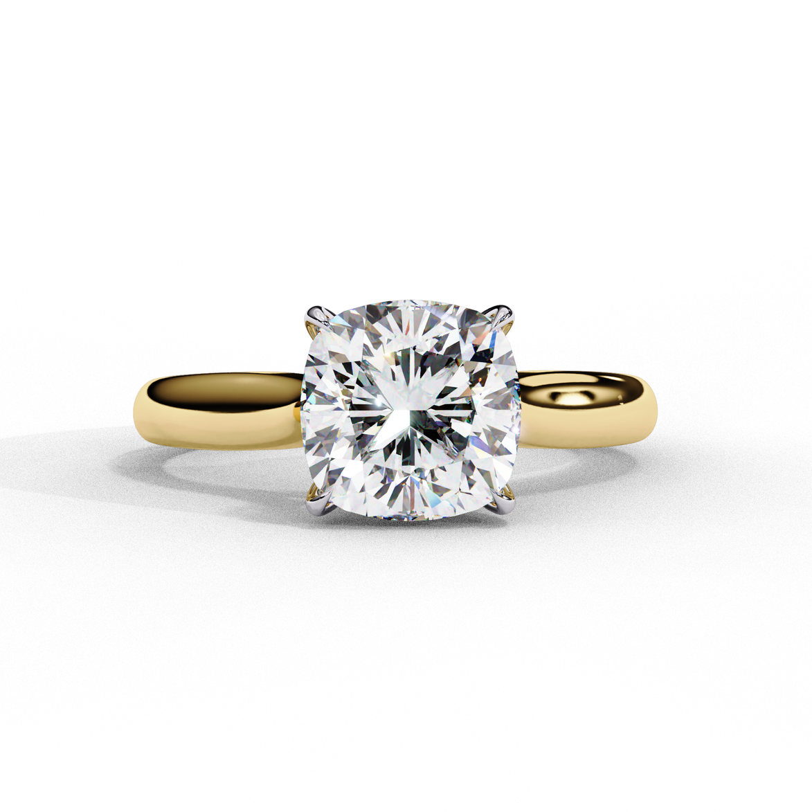 Front view of a yellow gold round brilliant cut diamond solitaire engagement ring.