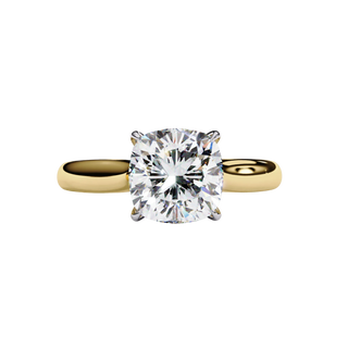 Front view of a yellow gold round brilliant cut diamond solitaire engagement ring.