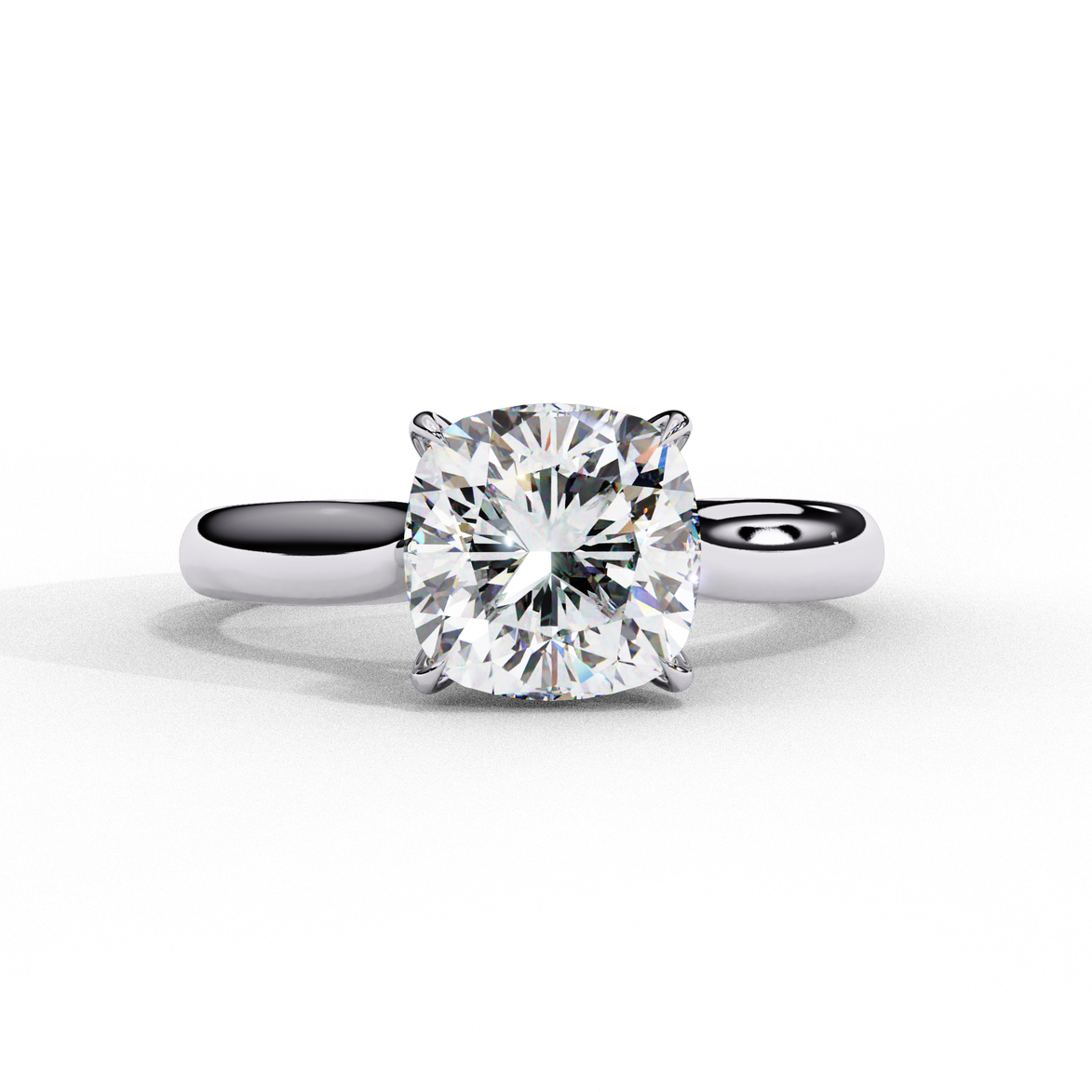 Front view of a white gold round brilliant cut diamond solitaire engagement ring.