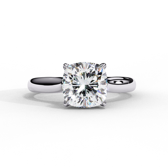 Front view of a white gold round brilliant cut diamond solitaire engagement ring.