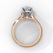 Side profile view of a rose gold round brilliant cut diamond solitaire ring showing the classic four-prong head layout.