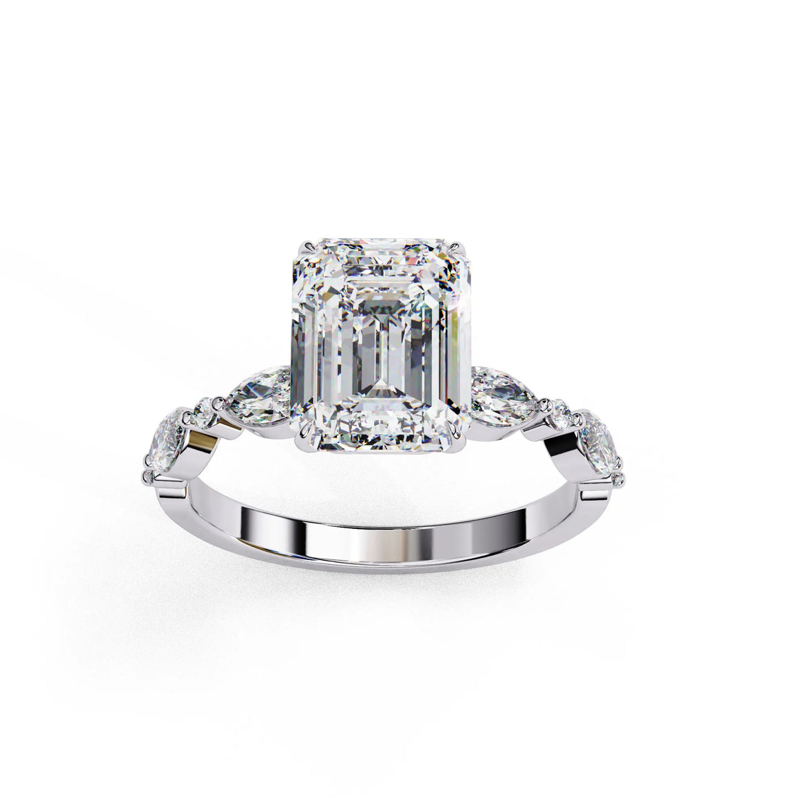 Side profile view of a rose gold emerald cut diamond engagement ring showing the elegant cathedral gallery profile.