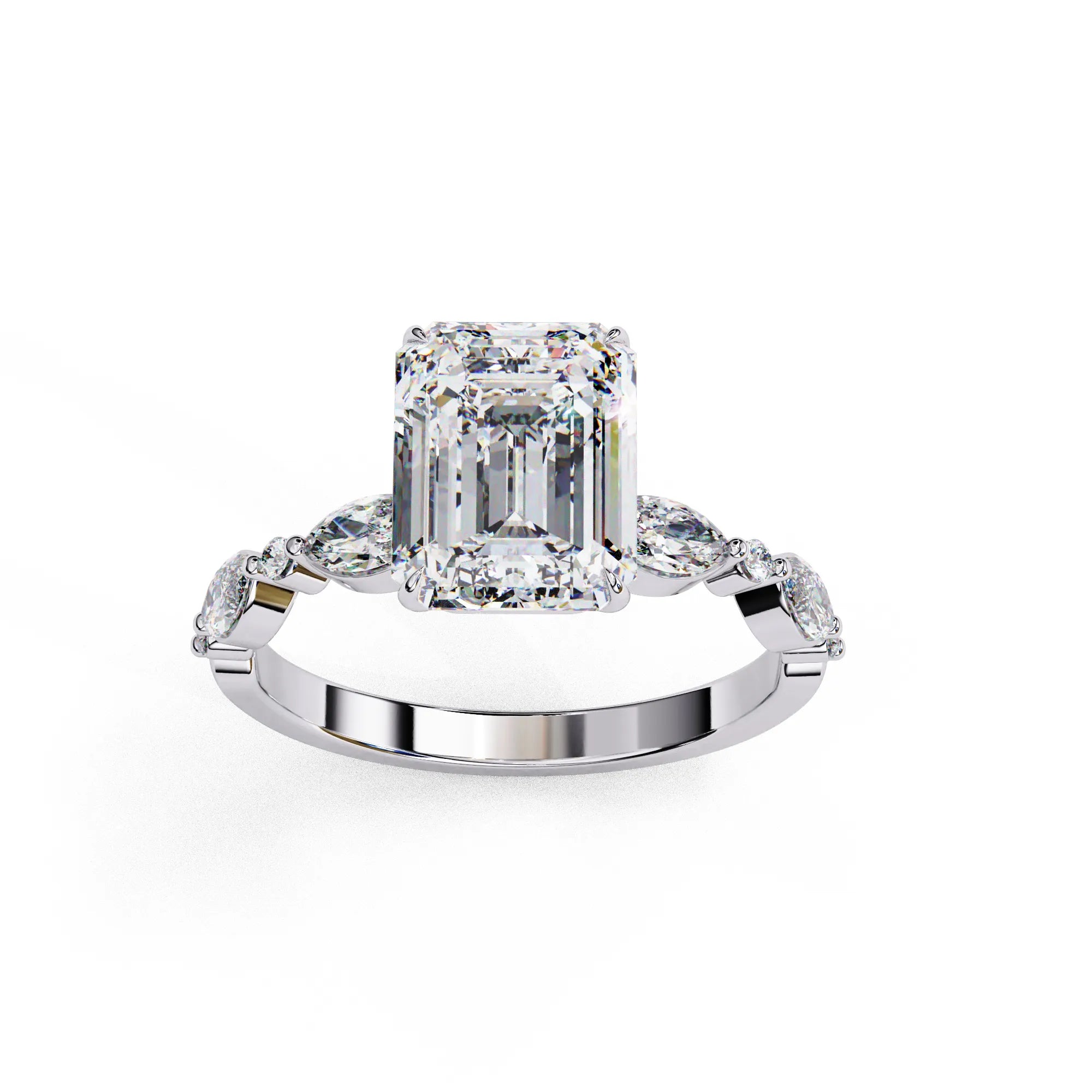 Side profile view of a rose gold emerald cut diamond engagement ring showing the elegant cathedral gallery profile.