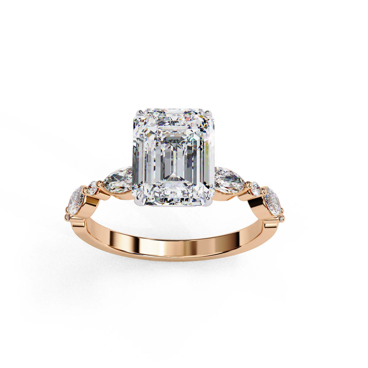 Side profile view of a rose gold emerald cut diamond ring showcasing the multi-stone layout along the band.
