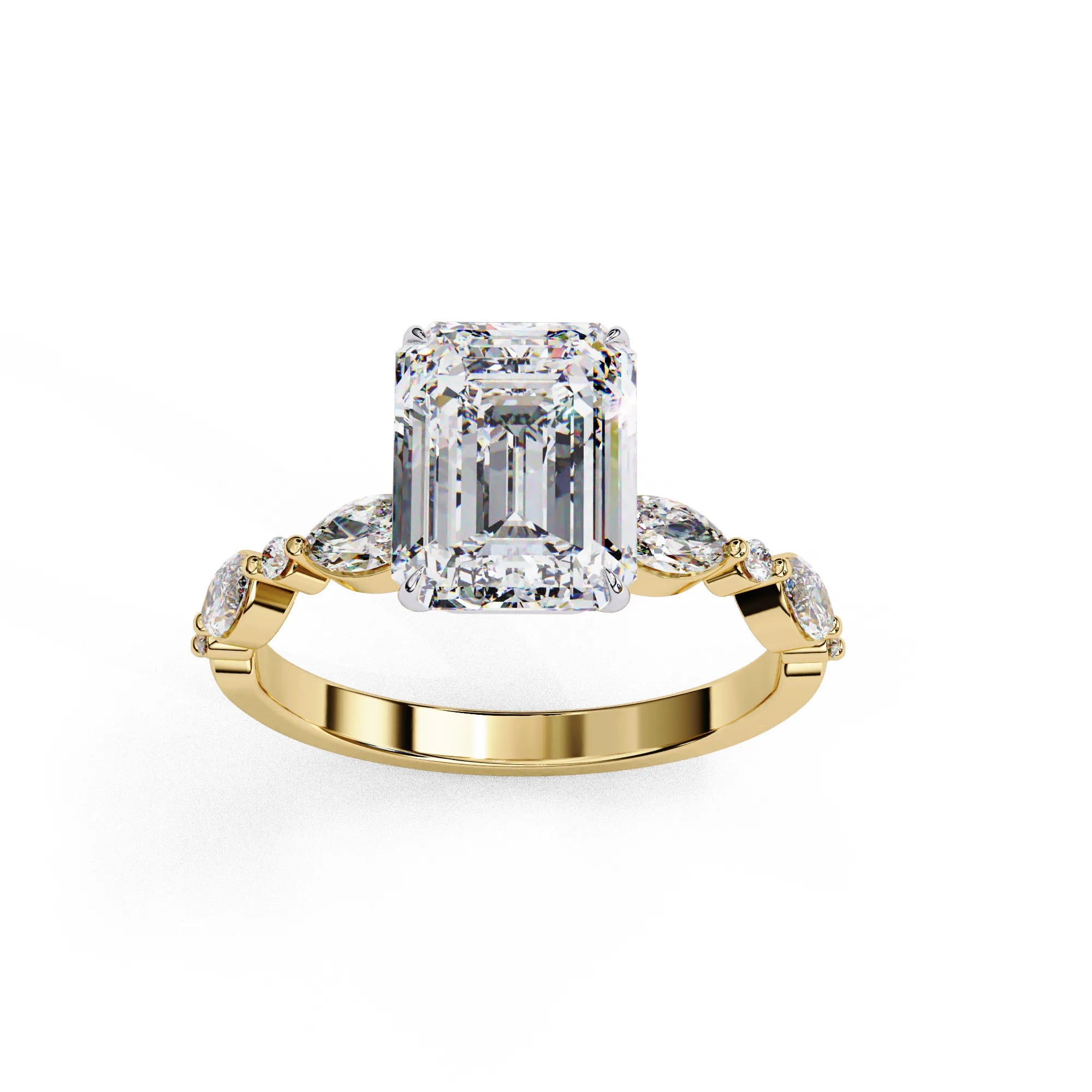 Side profile view of a yellow gold emerald cut diamond ring showcasing the multi-stone layout along the band.