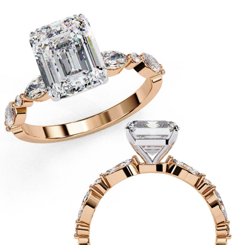 Close-up angled shot of a white gold, yellow gold, and rose gold emerald cut diamond engagement rings side by side.