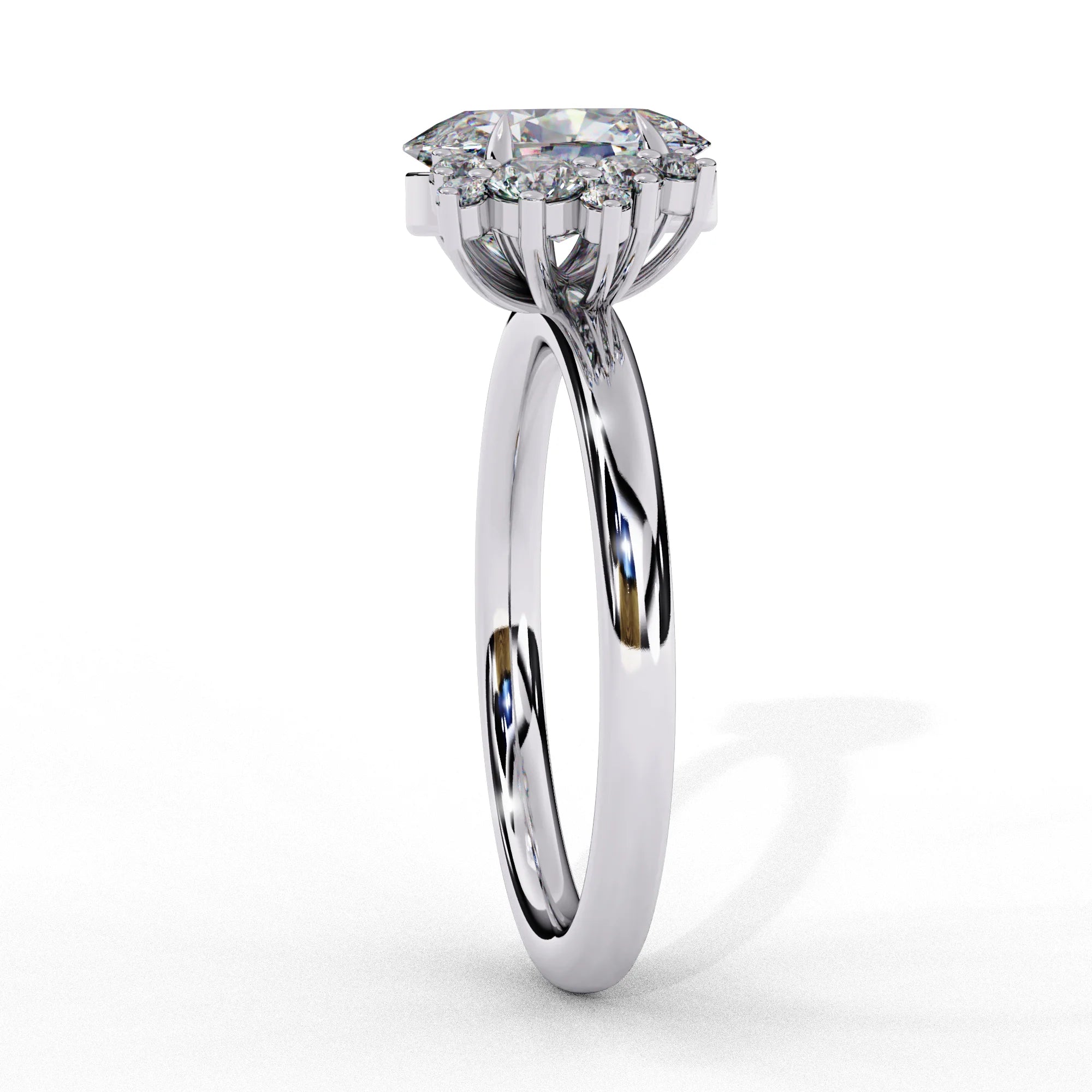 Side profile view of a white gold oval cut diamond engagement ring showcasing the elevated cathedral gallery profile.