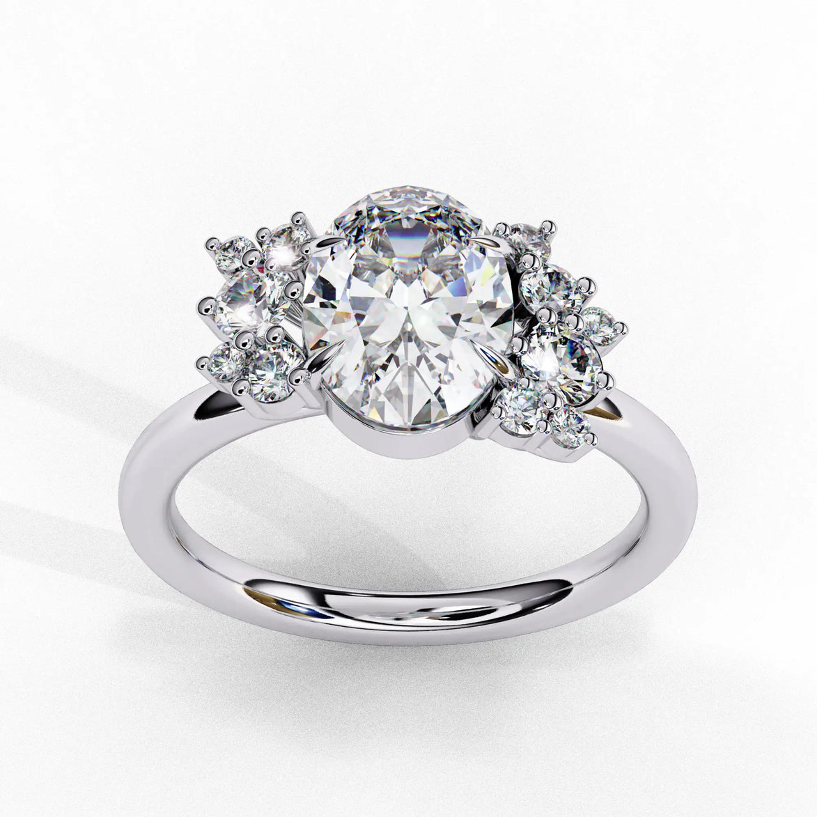 Side profile view of a rose gold oval cut diamond engagement ring showcasing the elevated cathedral gallery profile.