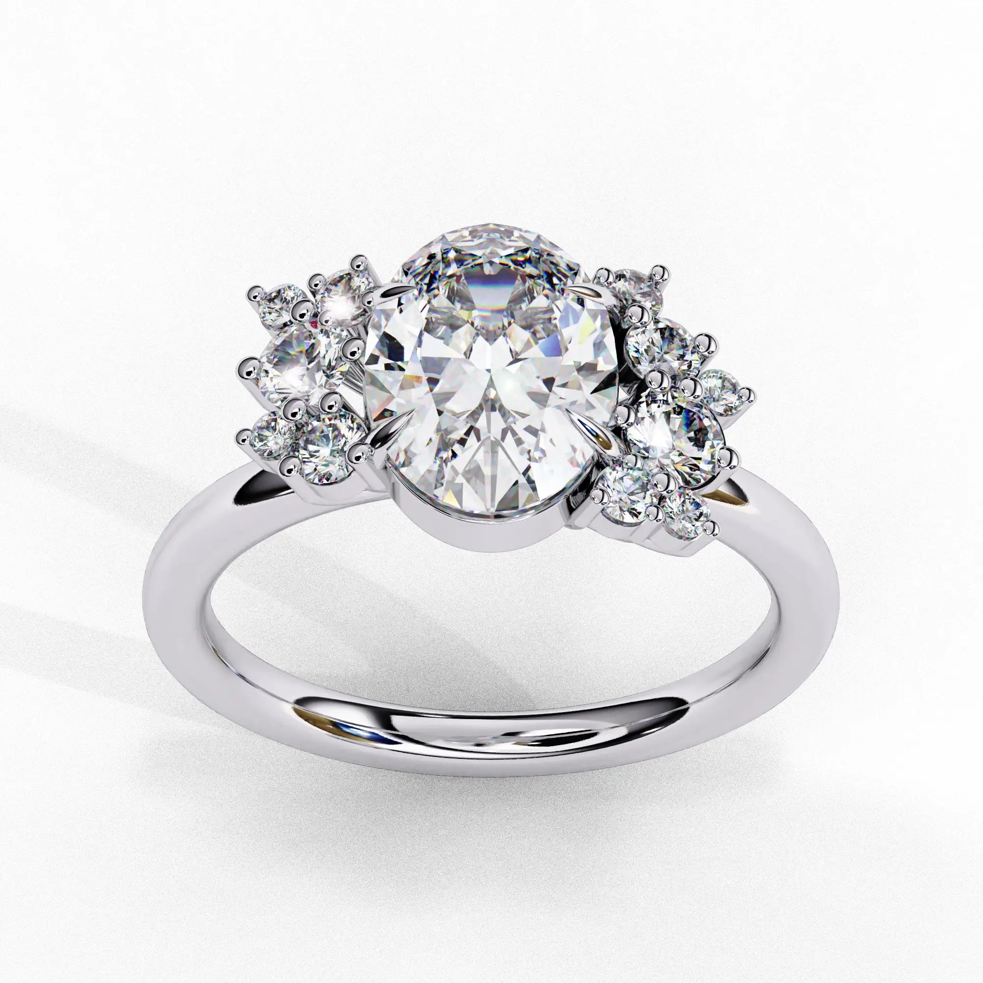 Side profile view of a rose gold oval cut diamond engagement ring showcasing the elevated cathedral gallery profile.