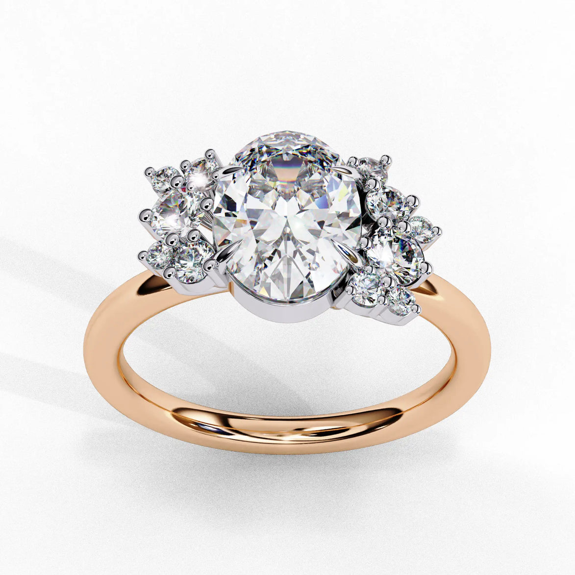 Side profile view of a rose gold oval cut diamond engagement ring showcasing the elevated cathedral gallery profile.