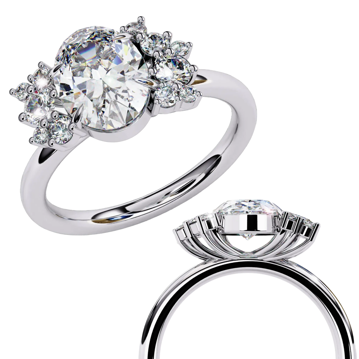 Side profile view of a white gold oval cut diamond ring highlighting the organic multi-stone side cluster design.