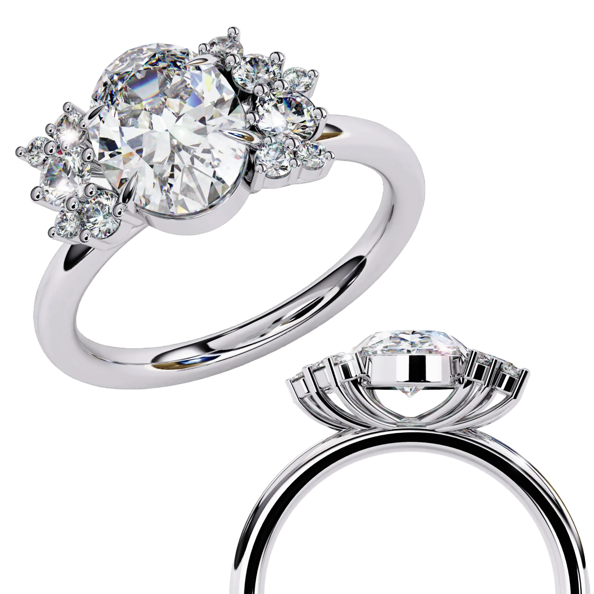 Side profile view of a white gold oval cut diamond ring highlighting the organic multi-stone side cluster design.