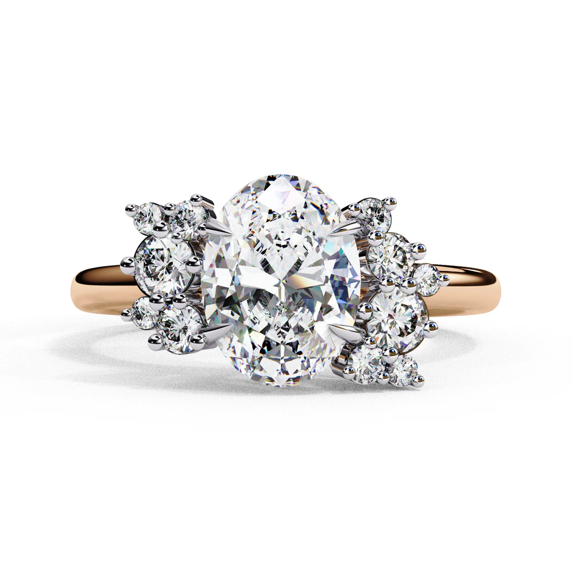 Front view of a rose gold oval cut diamond engagement ring featuring symmetrical floral cluster side stones.