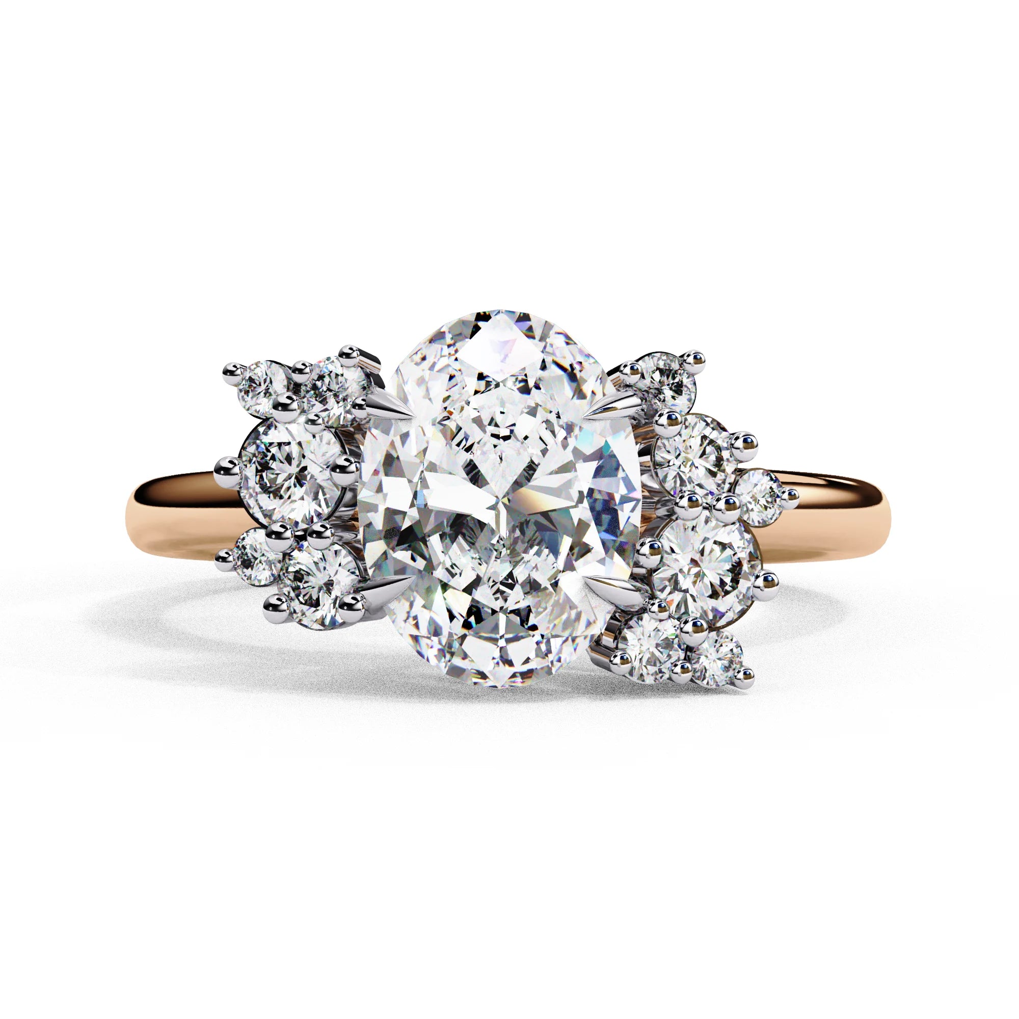 Front view of a rose gold oval cut diamond engagement ring featuring symmetrical floral cluster side stones.