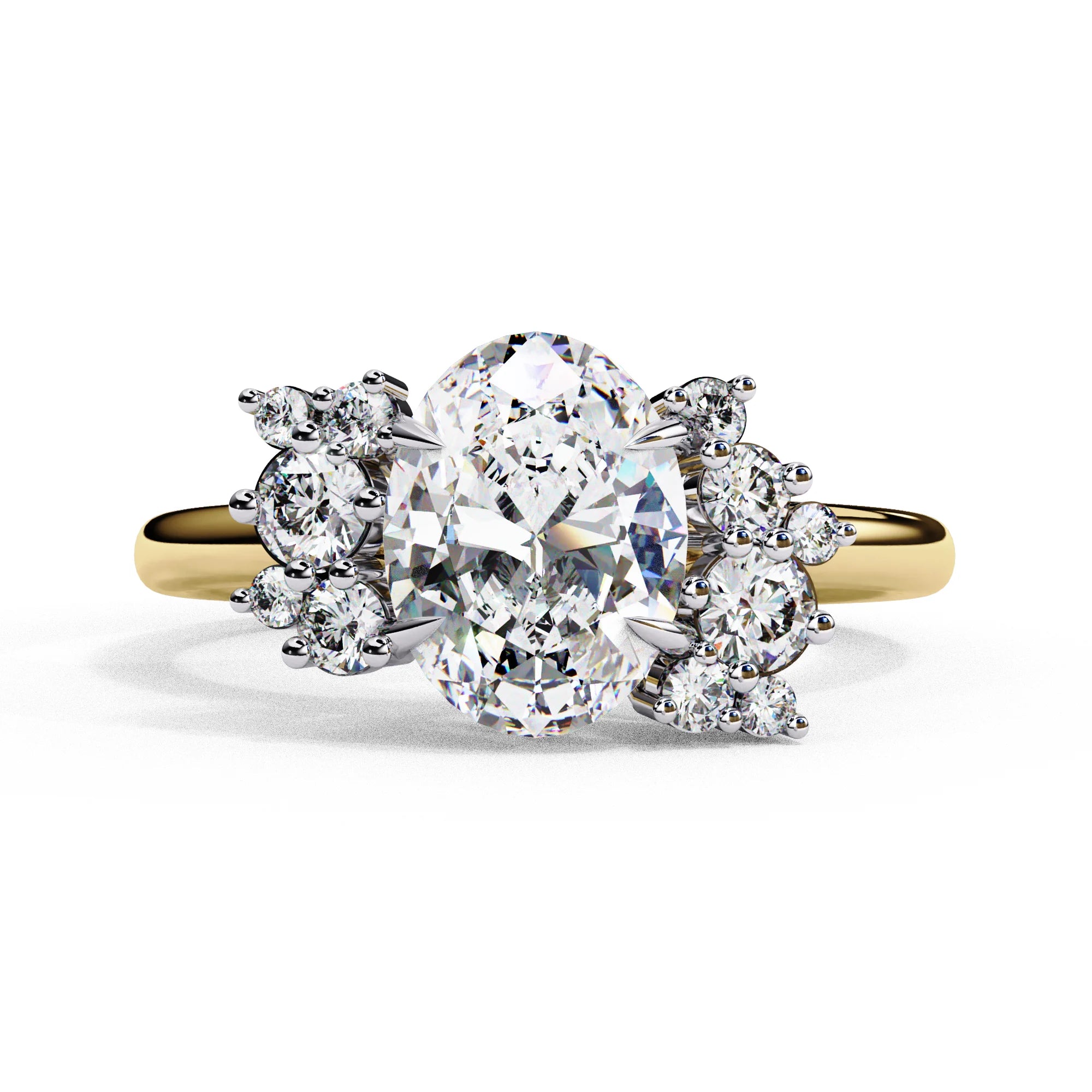 Front view of a yellow gold oval cut diamond engagement ring featuring symmetrical floral cluster side stones.