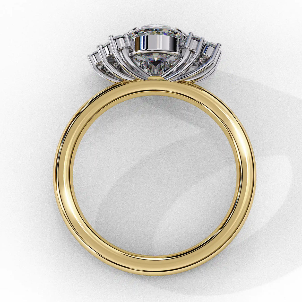 Side profile view of a yellow gold oval cut diamond engagement ring highlighting the open under-gallery construction.