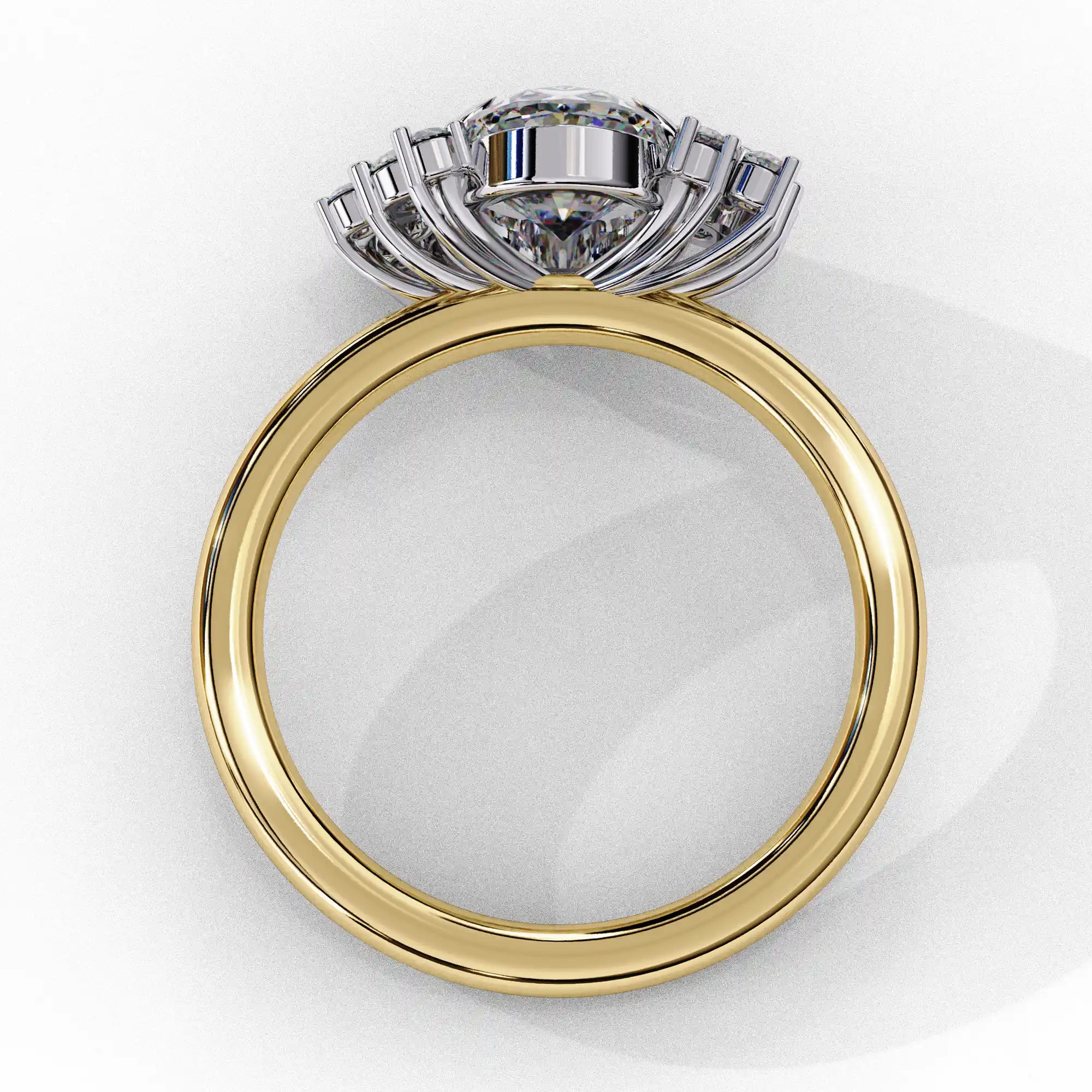 Side profile view of a yellow gold oval cut diamond engagement ring highlighting the open under-gallery construction.