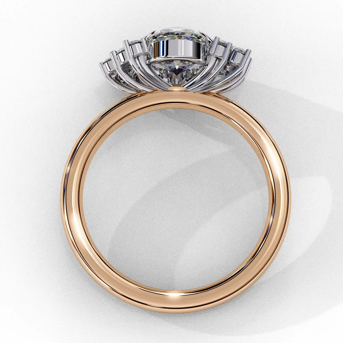 Side profile view of a rose gold oval cut diamond engagement ring highlighting the open under-gallery construction.