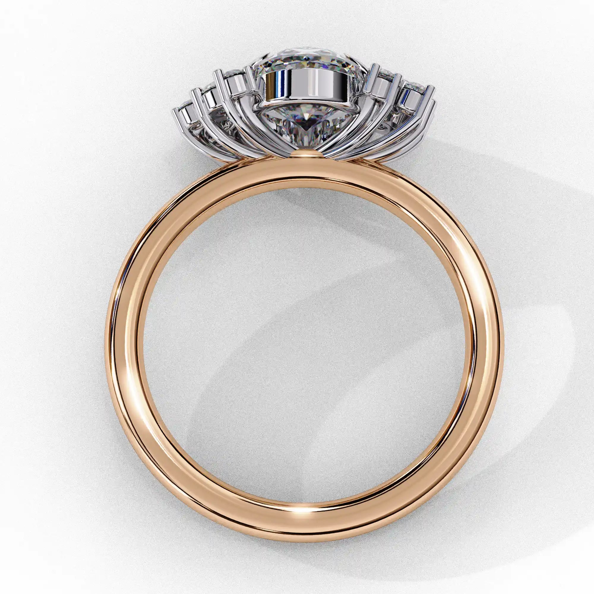 Side profile view of a rose gold oval cut diamond engagement ring highlighting the open under-gallery construction.
