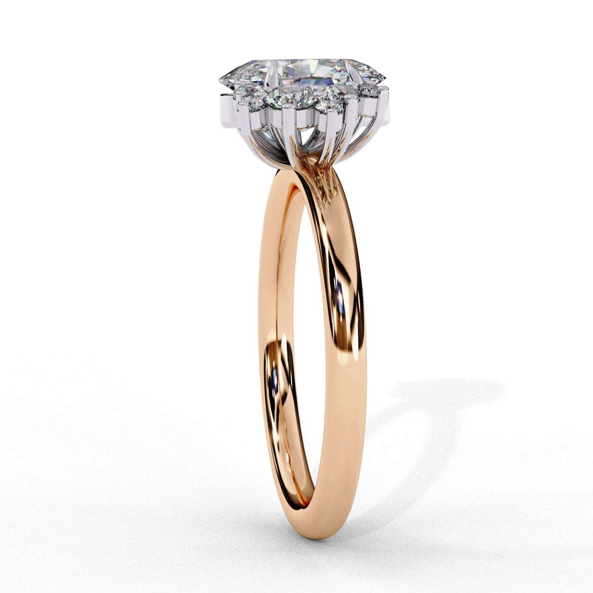 Side profile view of a rose gold oval cut diamond engagement ring highlighting the open under-gallery construction.