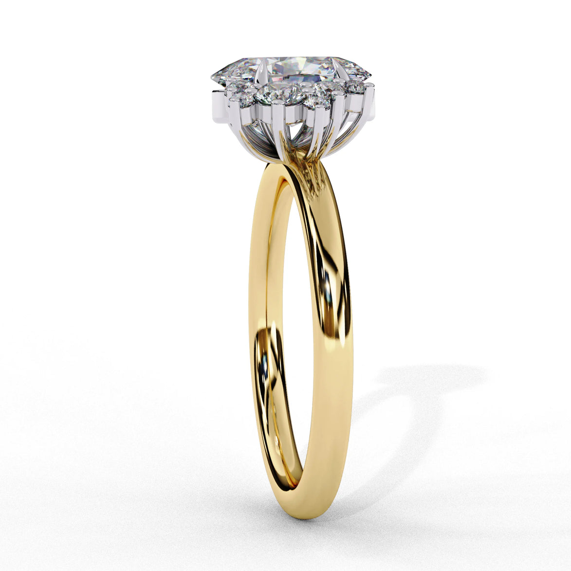 Side profile view of a yellow gold oval cut diamond engagement ring highlighting the open under-gallery construction.