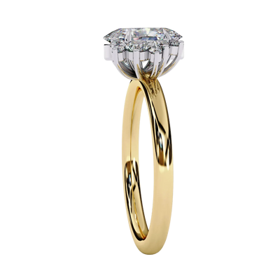 Side profile view of a yellow gold oval cut diamond engagement ring highlighting the open under-gallery construction.