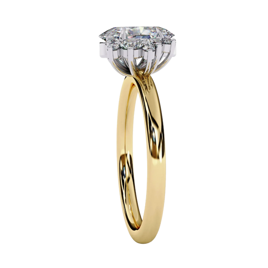 Side profile view of a yellow gold oval cut diamond engagement ring highlighting the open under-gallery construction.