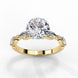 Side profile view of a yellow gold round brilliant cut diamond ring highlighting the unique multi-shape accent stones along the band.