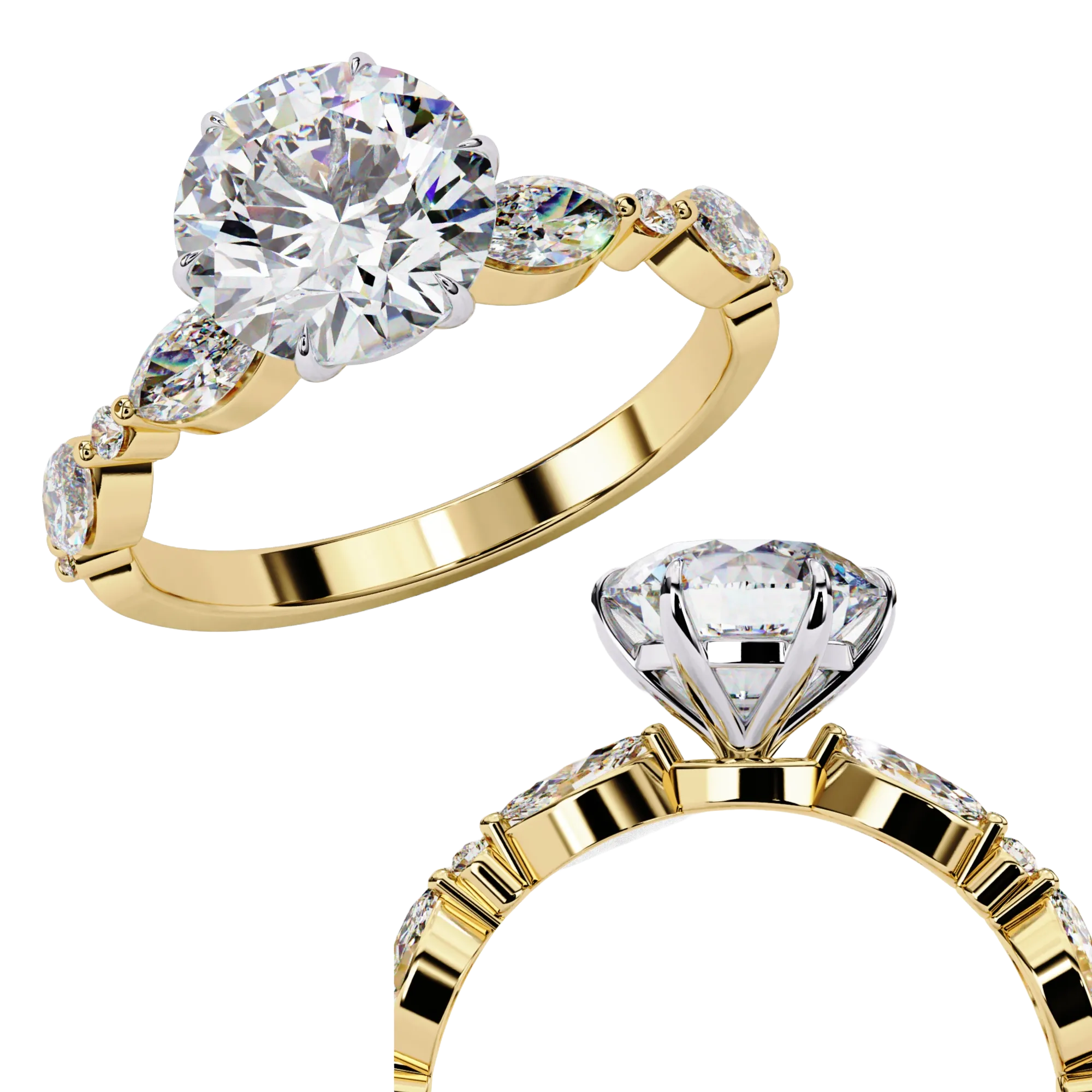 Close-up angled shot of a  yellow gold round brilliant cut diamond engagement rings side by side.