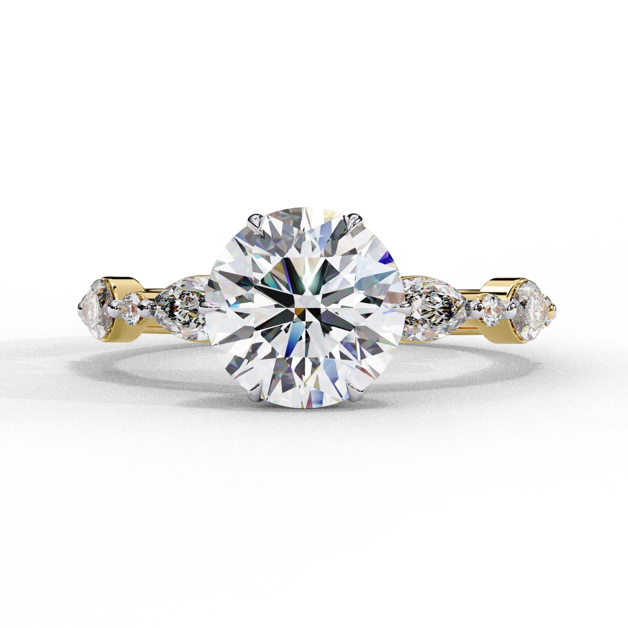 Front view of a white gold round brilliant cut diamond engagement ring with symmetrical marquise and bezel-set side stones.