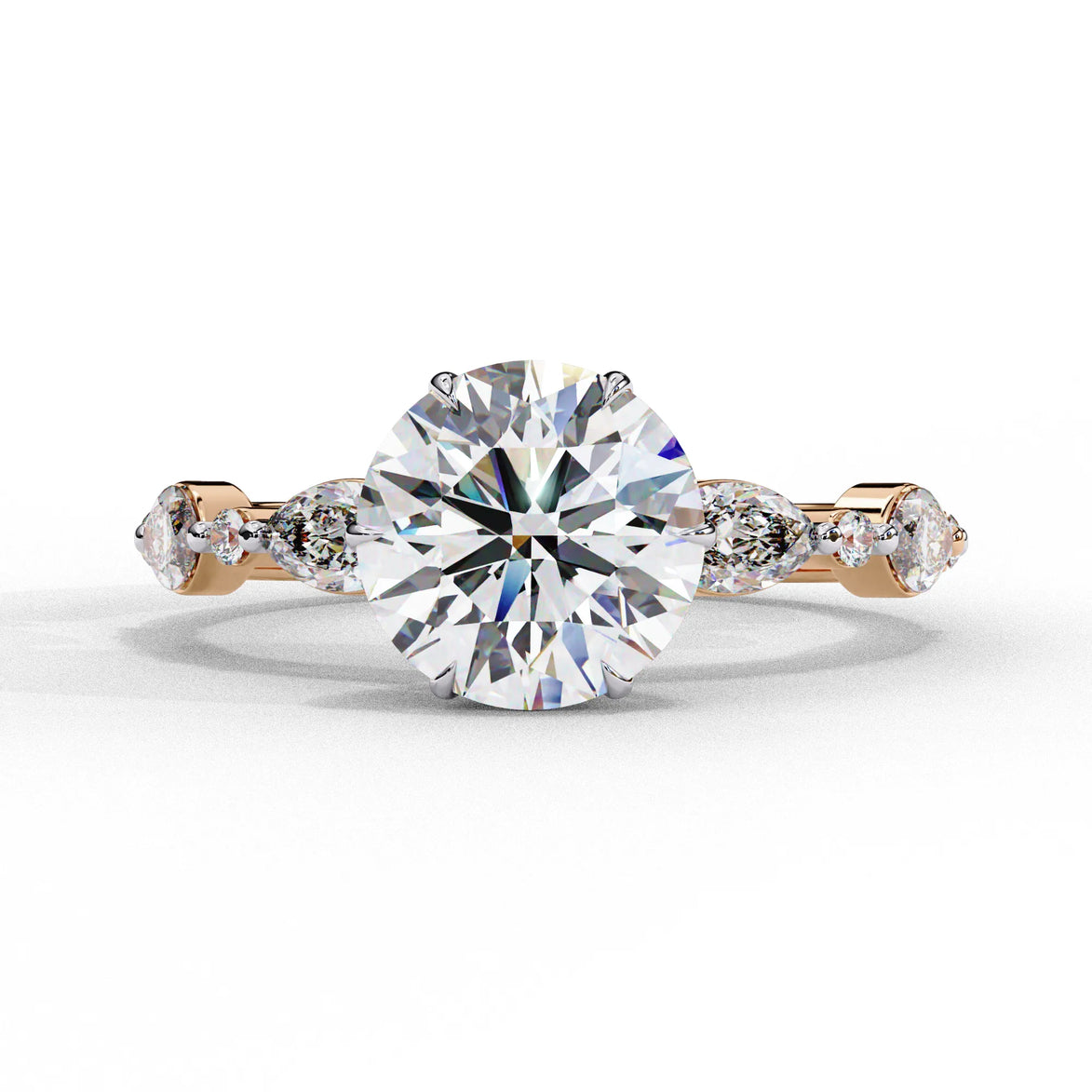Front view of a rose gold round brilliant cut diamond engagement ring with symmetrical marquise and bezel-set side stones.