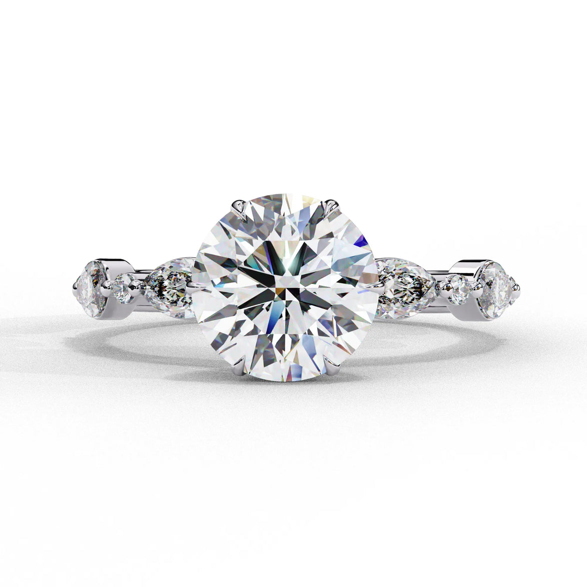 Front view of a yellow gold round brilliant cut diamond engagement ring with symmetrical marquise and bezel-set side stones.