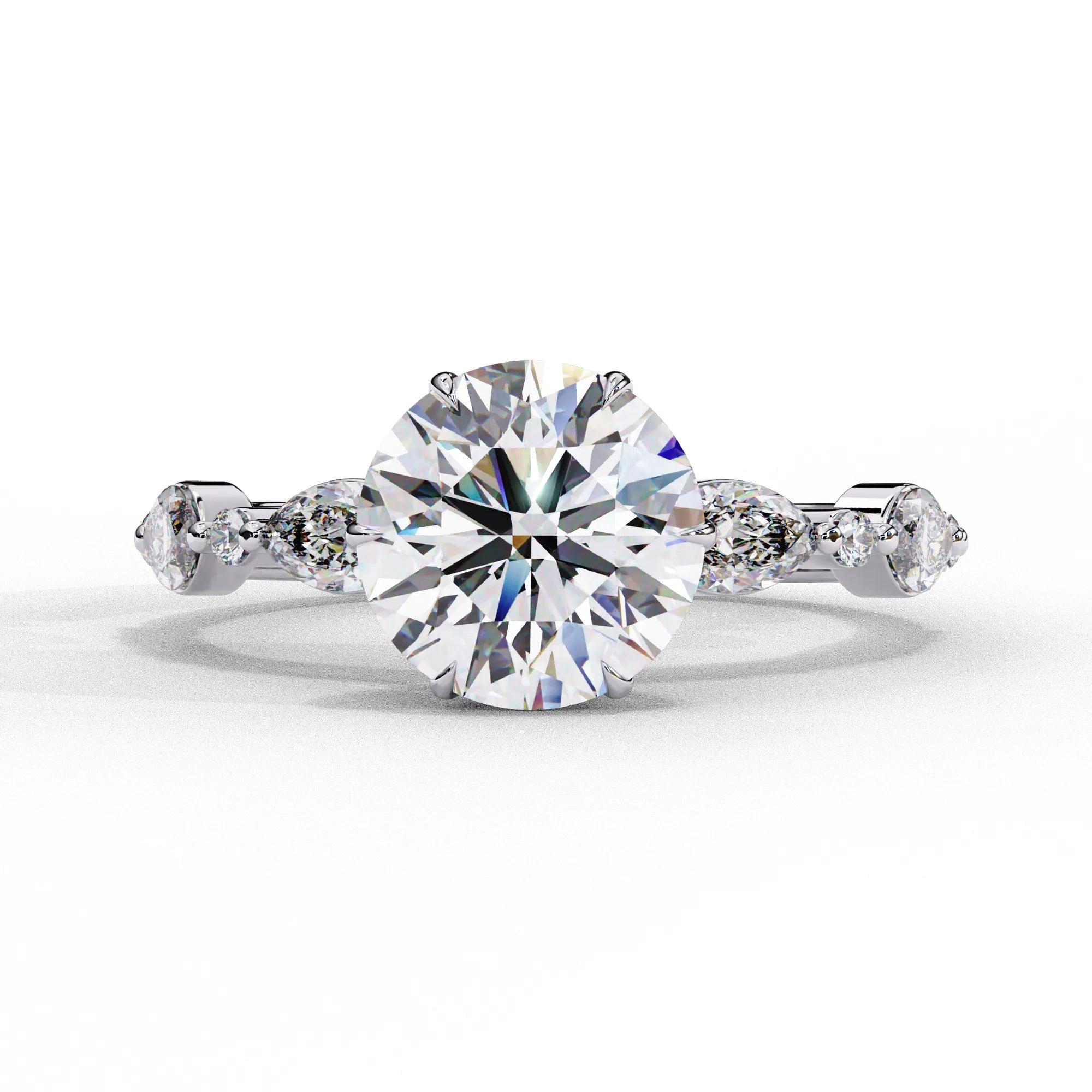 Front view of a yellow gold round brilliant cut diamond engagement ring with symmetrical marquise and bezel-set side stones.