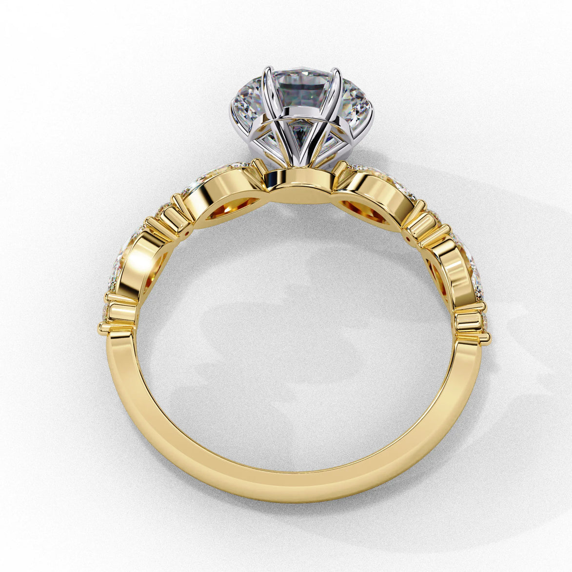 Side profile view of a yellow gold round brilliant cut diamond engagement ring showing a secure six-prong setting.