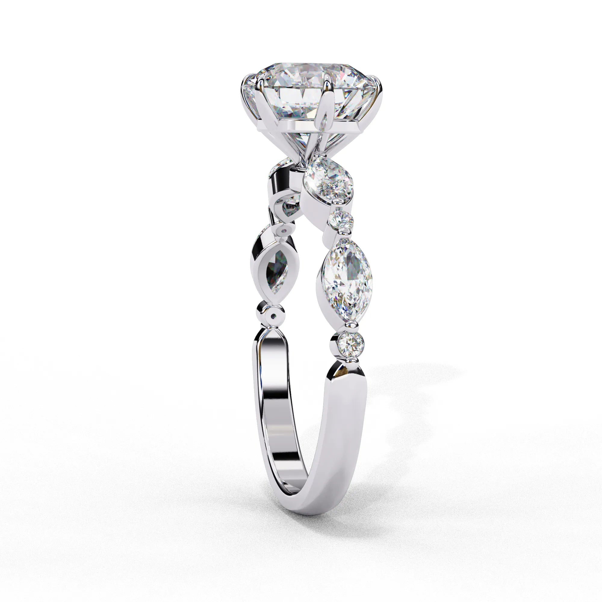 Side profile view of a white gold round brilliant cut diamond engagement ring showcasing an elegant cathedral gallery profile.