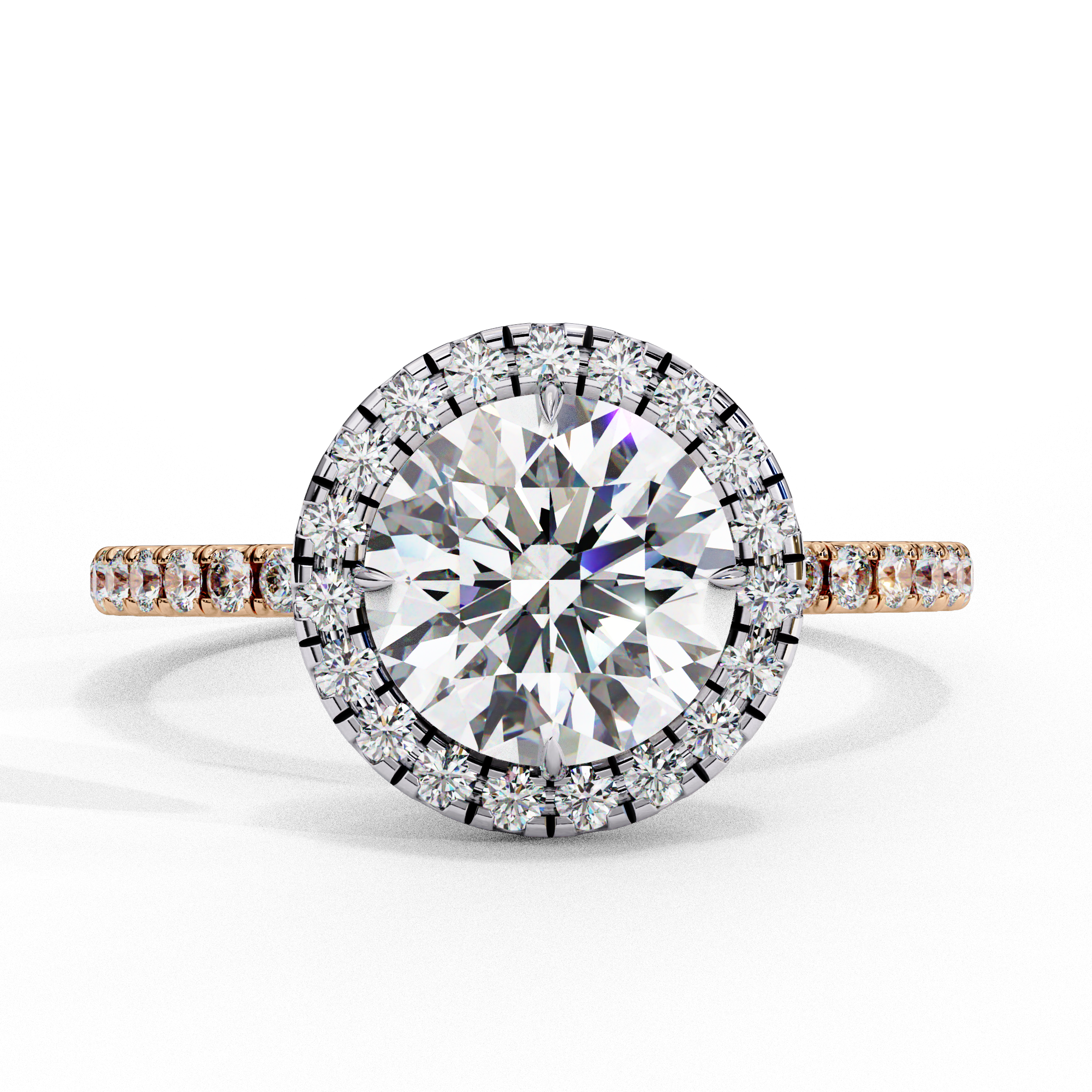 Top-down view of a rose gold round brilliant diamond engagement ring with a striking double halo.