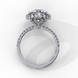 Top-down view of a white gold round brilliant diamond engagement ring with a striking double halo.

