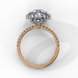 Top-down view of a rose gold round brilliant diamond engagement ring with a striking double halo.
