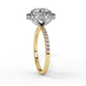 Side profile view of a yellow gold round brilliant diamond double halo engagement ring showing the elevated cathedral gallery.