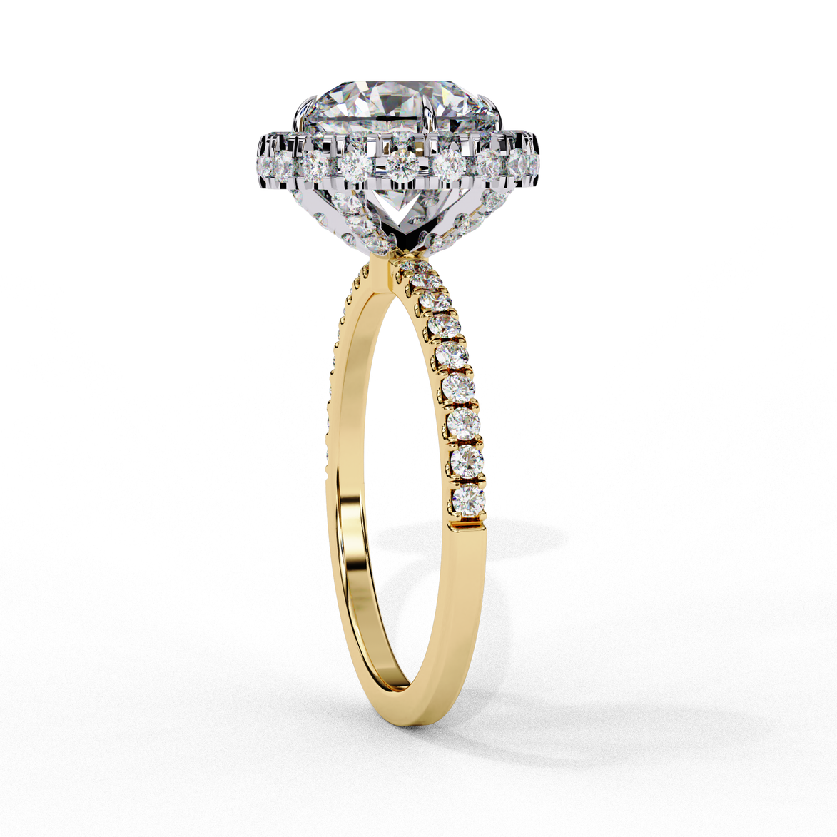 Side profile view of a yellow gold round brilliant diamond double halo engagement ring showing the elevated cathedral gallery.