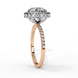 Side profile view of a rose gold round brilliant diamond double halo engagement ring showing the elevated cathedral gallery.