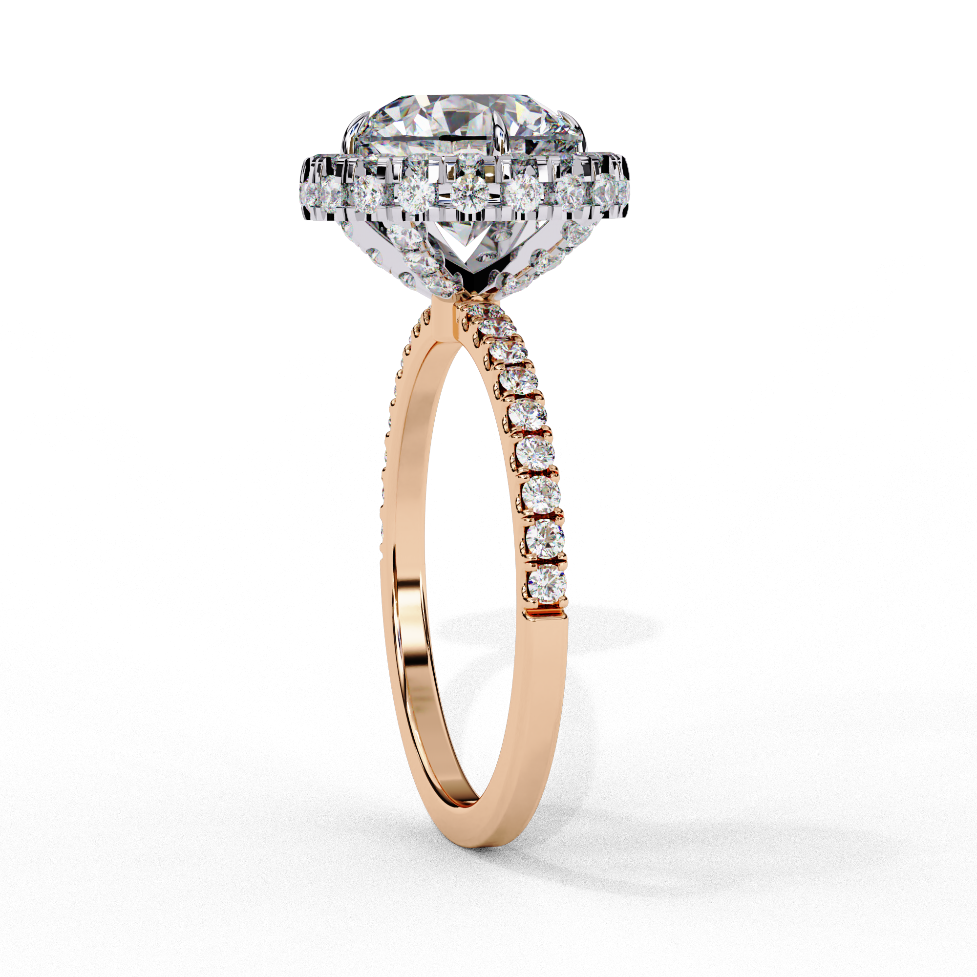 Side profile view of a rose gold round brilliant diamond double halo engagement ring showing the elevated cathedral gallery.