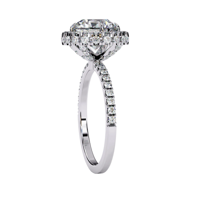 Side profile view of a white gold round brilliant diamond double halo engagement ring with a cathedral setting.