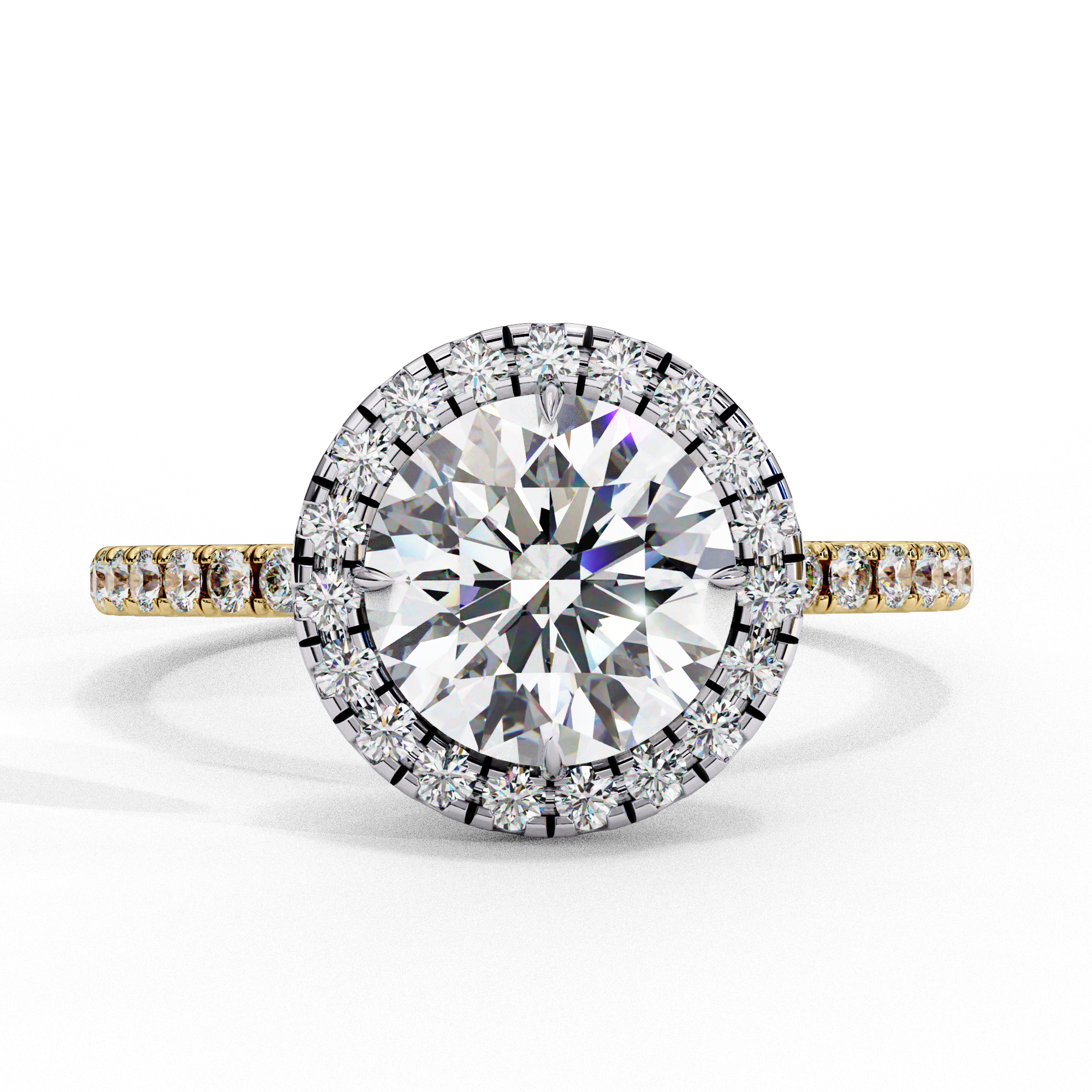 Top-down view of a yellow gold round brilliant diamond engagement ring with a striking double halo.