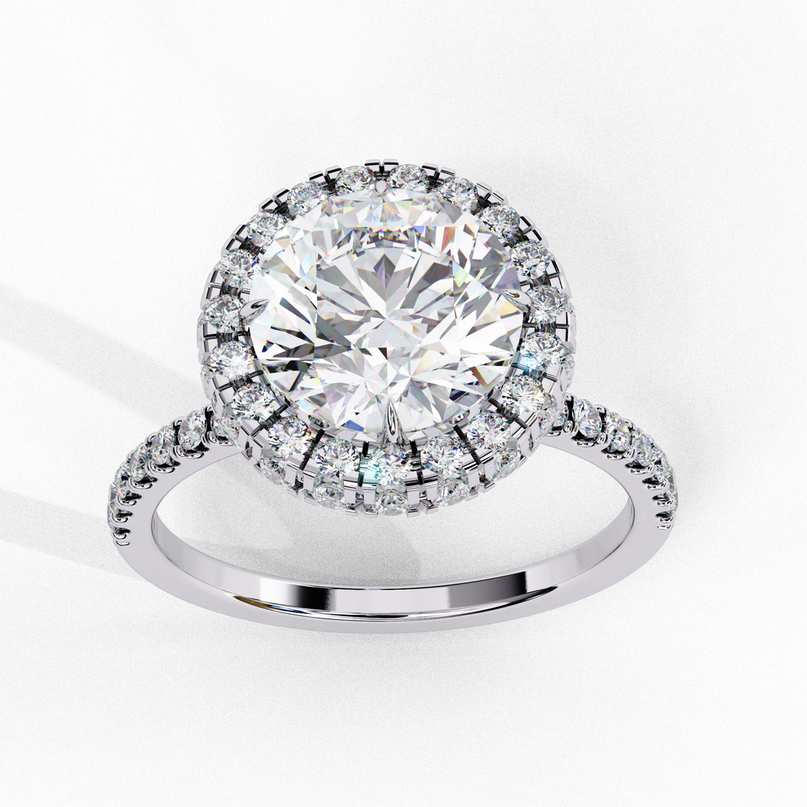 Front view of a white gold round brilliant diamond double halo engagement ring.