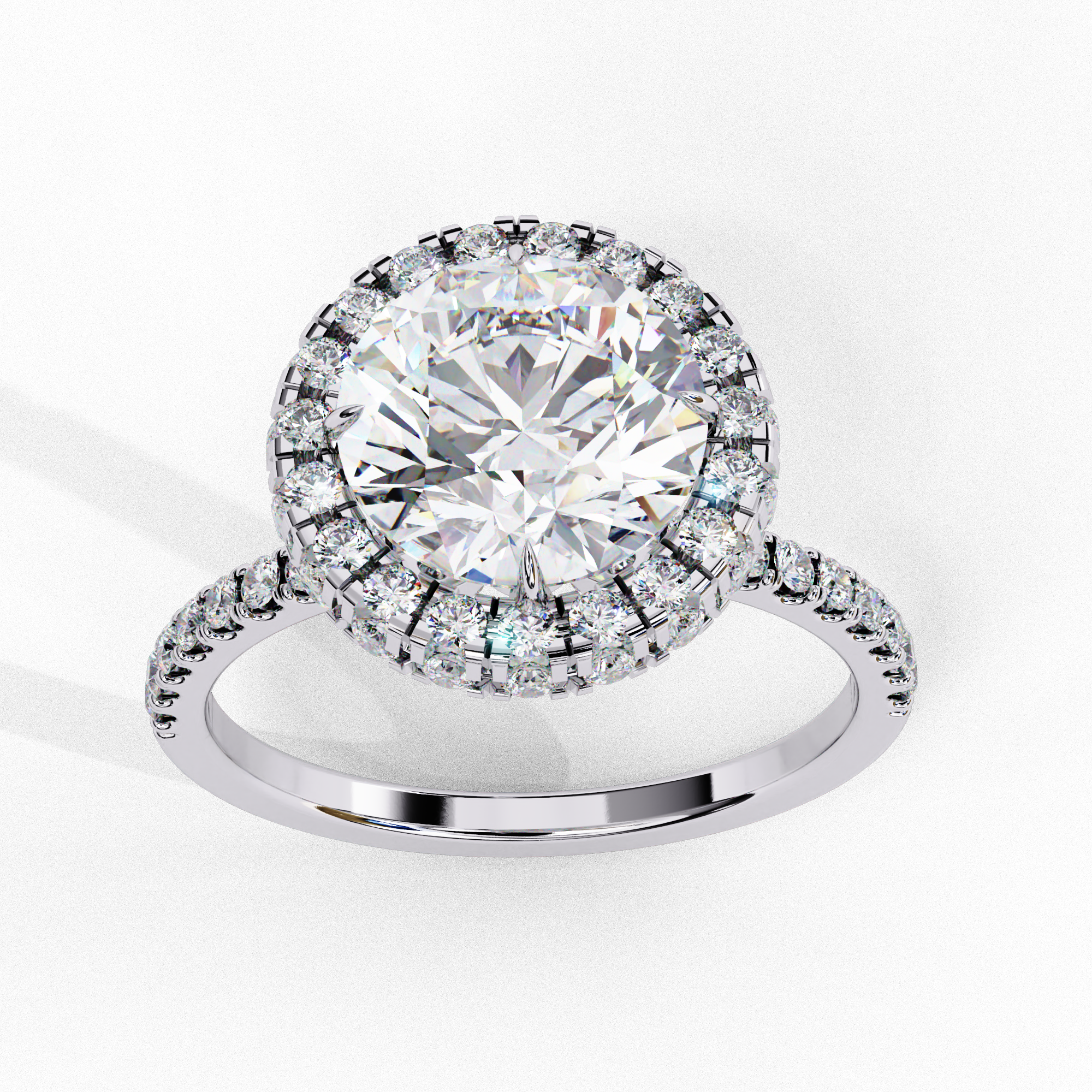 Front view of a white gold round brilliant diamond double halo engagement ring.